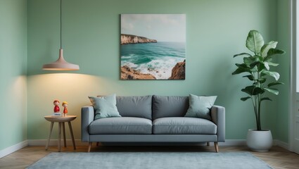 concept design of a child's bedroom featuring a gray couch against a soft green backdrop.