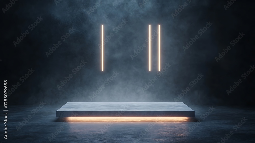 Poster Minimalist stage setup with glowing lights and fog in a dark atmosphere.