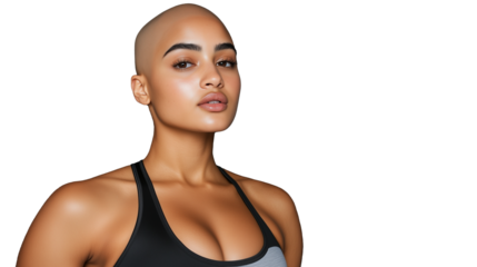 Confident woman with shaved head in sports attire on transparent background