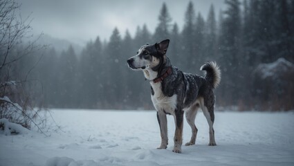 Naklejka premium A dog is standing amidst the snow.