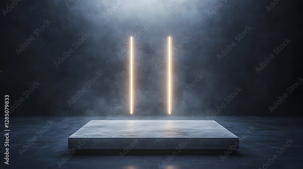 Poster minimalist stage with glowing lights and fog, creating an atmospheric ambiance.