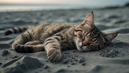 small cat peacefully napping on the beach sand