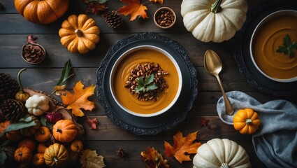 Bird's-eye view of a Thanksgiving celebration featuring pumpkin soup