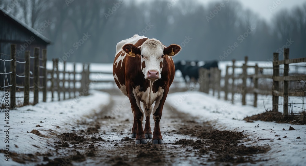 Canvas Prints a large portrait of a cow strolling through a snowy farm in winter.