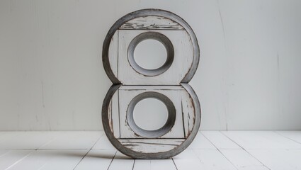 Bold, thick font depicting the number eight 8 crafted from rustic gray and white wood, set against a plain white background, featuring a textured wood grain finish.