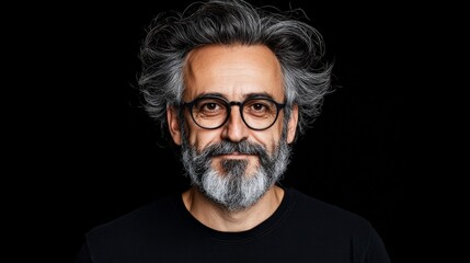 Obraz premium Mature Man with Stylish Hair and Glasses Posing Against Black Background