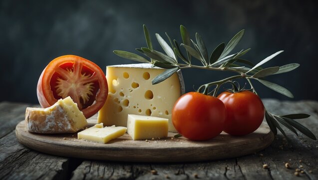 Arrangement of cheese, tomatoes, and an olive branch x9
