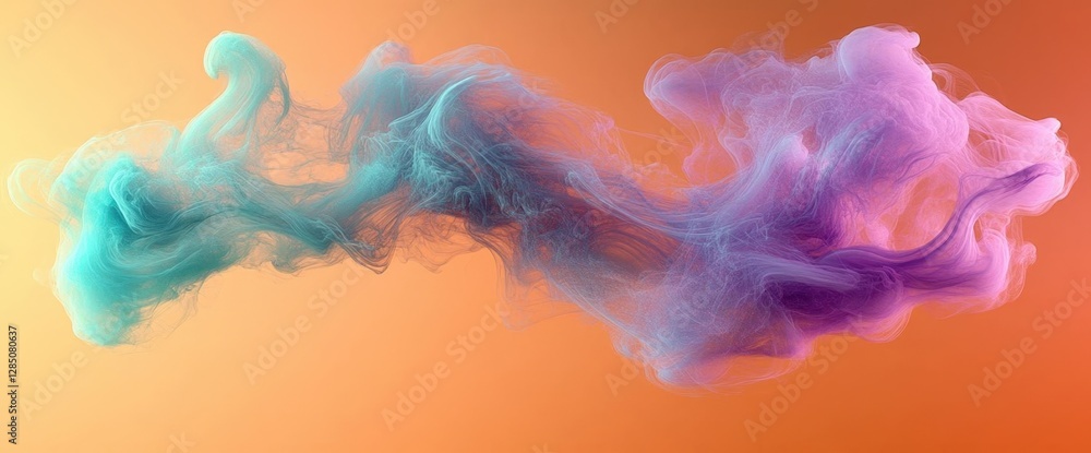 Poster abstract cyan and purple smoke flowing gracefully on an orange gradient background creating a visual