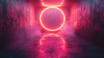3d render of neon circle frame on background in the room. Banner design. Retrowave, synthwave, vaporwave illustration. Party and sales concept