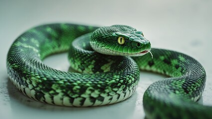 Fototapeta premium green snake slithering across a white surface