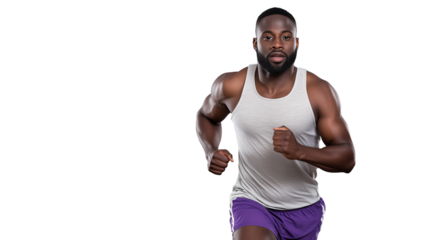 Athletic man running in gray tank top with transparent background