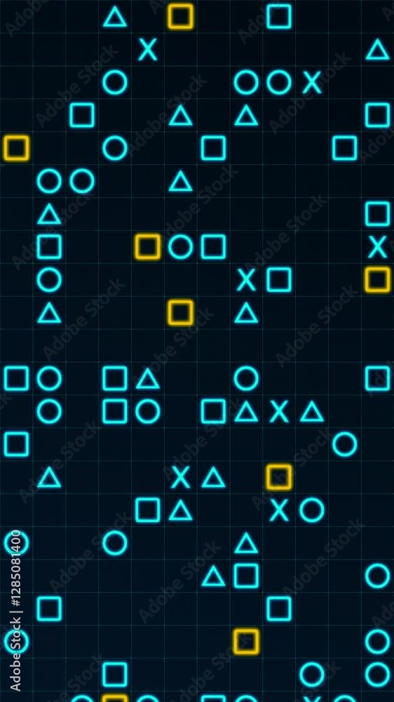 Poster blue and yellow glowing shapes matrix on a grid. texture animation, vertical composition. technology