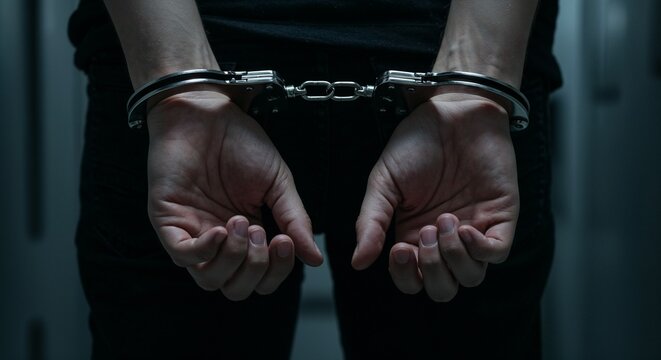 Close-up of hands in handcuffs behind the back in a dark environment, symbolizing arrest, crime, and the justice system. Ideal for law enforcement, criminal justice, and legal themes.