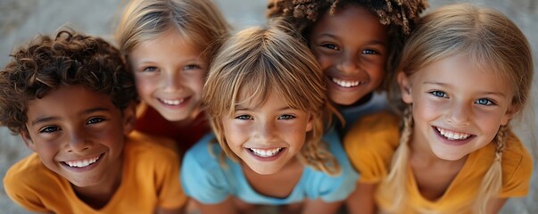Obraz premium An energetic group kids huddle together, smiling joyfully at the camera from below, celebrating their friendship.