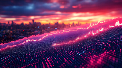 Financial Technology Chart Overlayed on Cityscape at Sunset