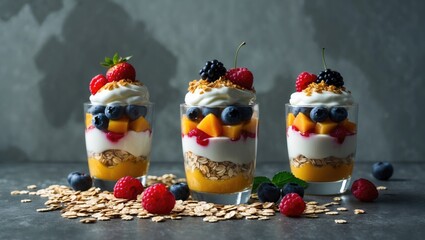 Obraz premium Delightful Japanese parfait featuring fresh fruits, yogurt, and oats, set against a cement backdrop.