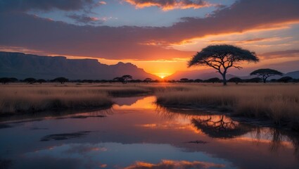 Stunning sunset over the water, showcasing the Kruger National Park in South Africa