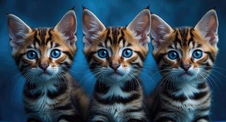 Fototapeta premium Intricate close-up of Bengal kittens against a blue backdrop.