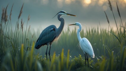 Obraz premium Great blue heron and white egret