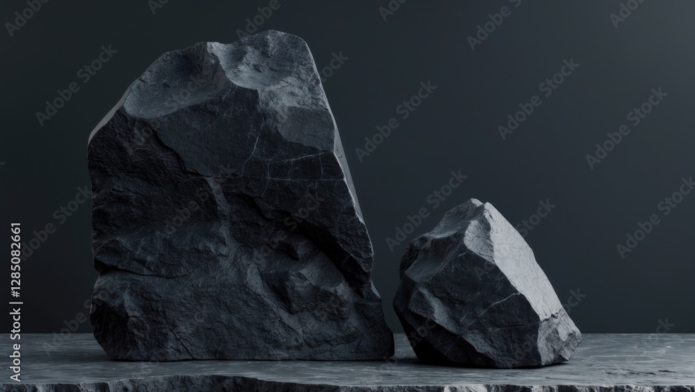 Poster dark rock formation with minimalist display background, ideal for podium showcasing or presentation 