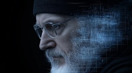 Profile of Thoughtful Elder Man with Glasses and Beard in Dark Setting