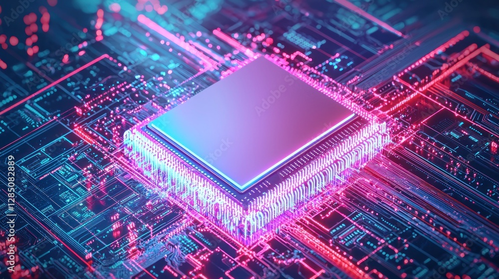 Poster neon glow: a close-up of a microchip's intricate circuitry