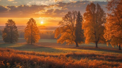 Scenic autumn view with trees at sunset in Poland.