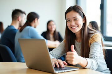 A Young Female Student with Long Dark Hair Smiling and Giving a Thumbs-Up While Using a Laptop in a Collaborative Study Environment with Peers