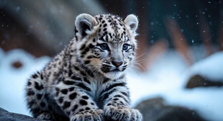 Naklejka premium Snow Leopard Kitten relishes a frigid day at the Bronx Zoo.