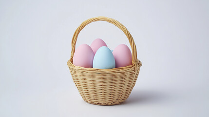 Pastel eggs in wicker basket on white background