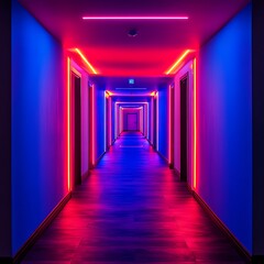 Neon colored hallway with glowing lights and doors in view