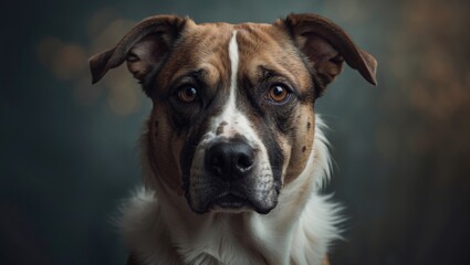 Canine portrait of a vigilant guardian with brown eyes, black snout, and light fur.
