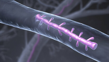 Detailed 3D Rendering of a Myelinated Nerve Fiber Structure Under Magnification