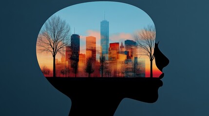 Silhouette of a Woman with Cityscape Reflection at Sunset