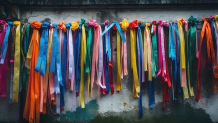 Vibrant ribbons attached to a wall representing the hopes and prayers of the followers of Senhor do Bonfim in Salvador, Bahia, Brazil - 03 13 2022.