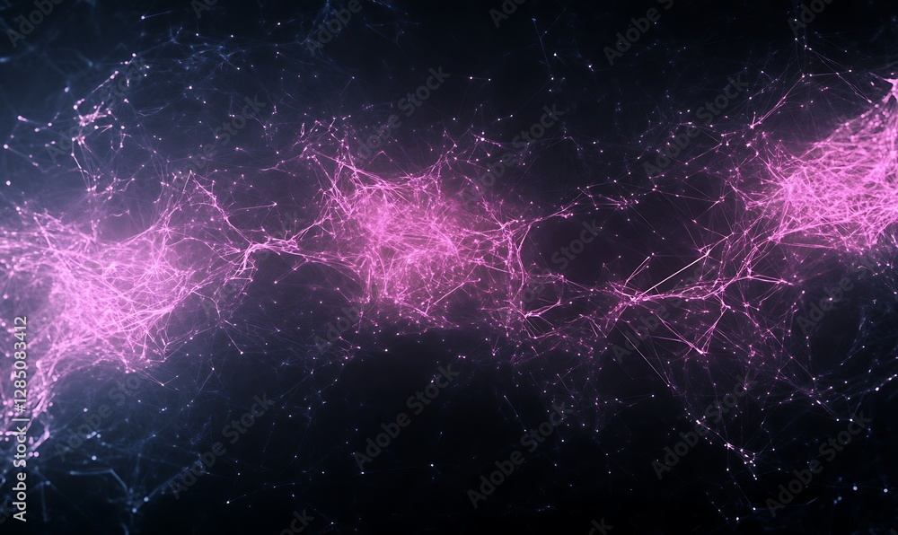 Poster abstract cosmic network with glowing pink nodes against a dark background.
