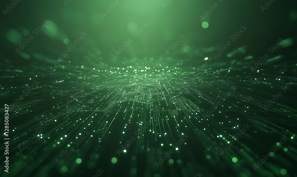 Poster Abstract green particles shimmering in a dark background, creating a sense of depth and movement.