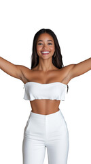 Obraz premium Smiling woman in white outfit with arms raised on transparent background