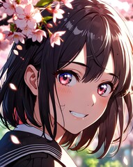 Naklejka premium Yandere Schoolgirl – Innocent look with a creepy smile, blood-stained uniform, cherry blossoms falling, dark tone
