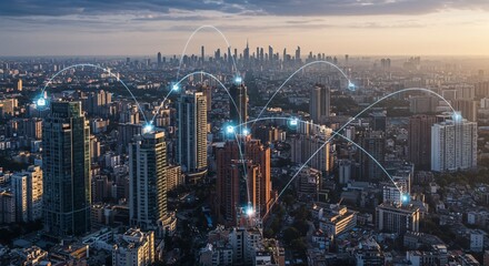 Naklejka premium Future City Skyline with Digital Network Connections at Sunset