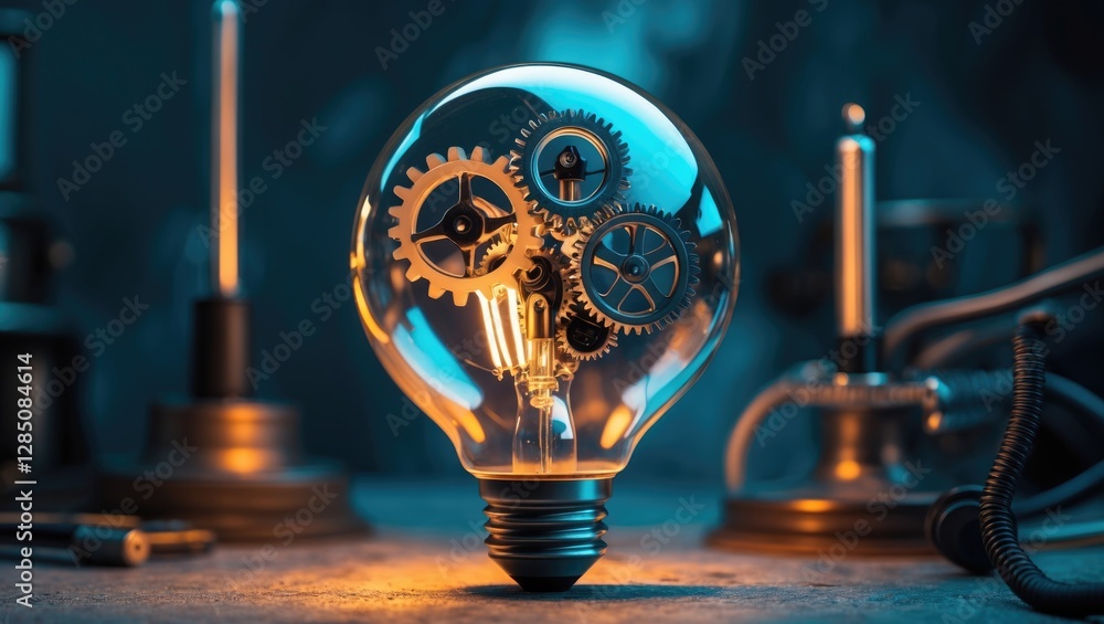 Poster gears within a lightbulb symbolizing innovative ideas and creative concepts through rendering.