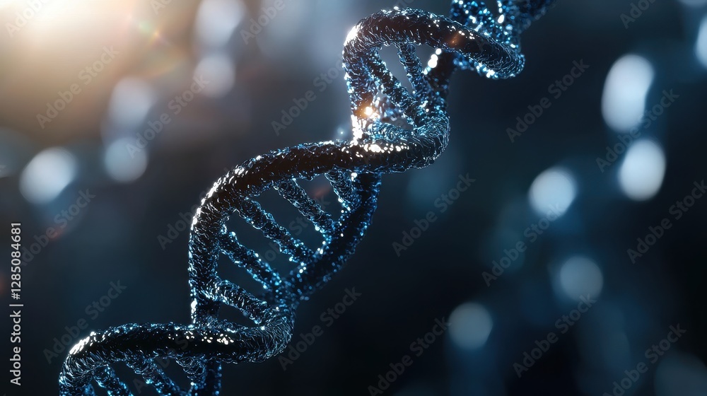 Poster a close-up view of a dna double helix structure, showcasing its intricate design and shimmering blue