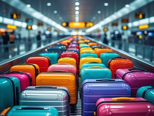 Fototapeta premium Vibrant, colorful suitcases lined up on an airport baggage claim conveyor belt, representing travel, tourism, and international journeys. Luggage waiting for passengers at a busy terminal