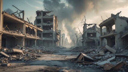 Animated scene of a war-torn city with ruined buildings and devastation