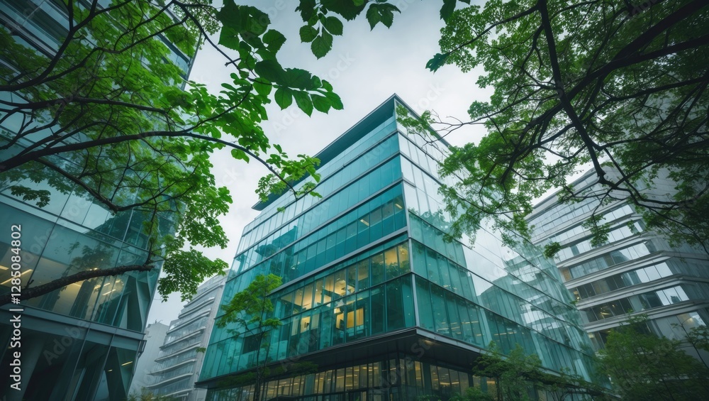 Poster sustainable architecture in an urban setting. lush green tree branches and a glass office building d