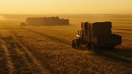 Obraz premium Golden Hour Harvest: A Truck Carries Hay Bales Across a Vast Field at Sunset