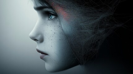 Abstract Profile Portrait of a Futuristic Human with Digital Elements