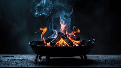 Charcoal grill with flames, prepared for product display. Summer barbecue, grilling, and party theme with black space available.