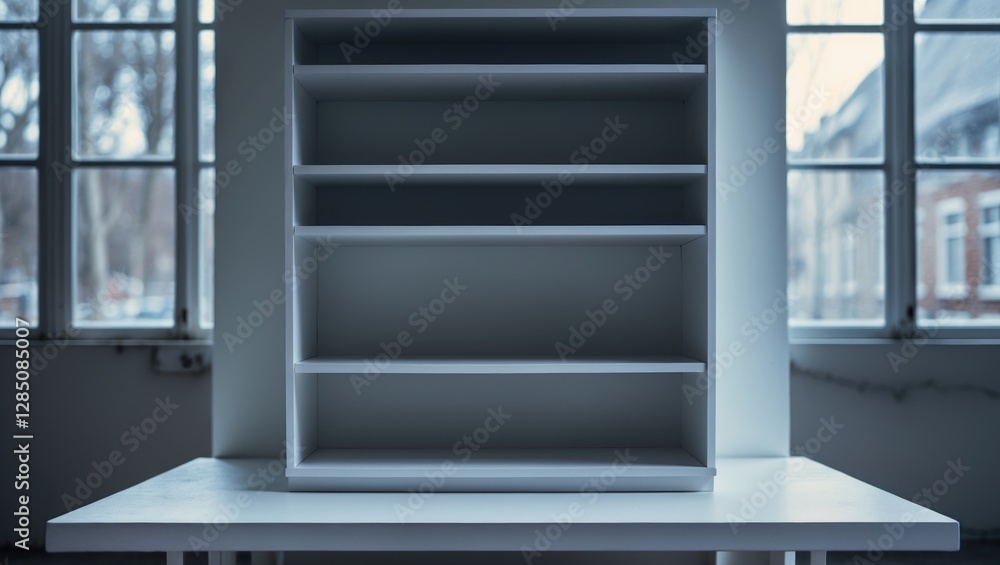 Poster front perspective of a white tabletop featuring an empty shelf, illuminated by natural light from an