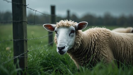 Obraz premium Sheep grazing on lush grass while leaning through a fence.